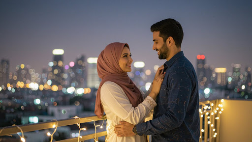 Couple on rooftop at night with fairy lights and city skyline.