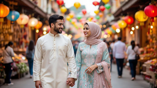 Couple in pastel Eid outfits walking through lantern market.