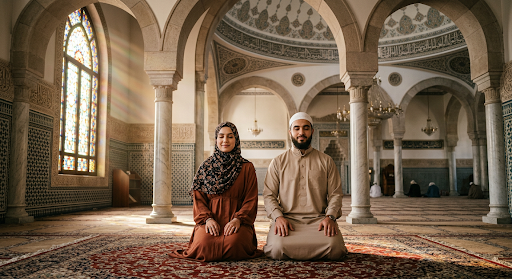 Couple sitting inside mosque after prayer with sunlight rays.