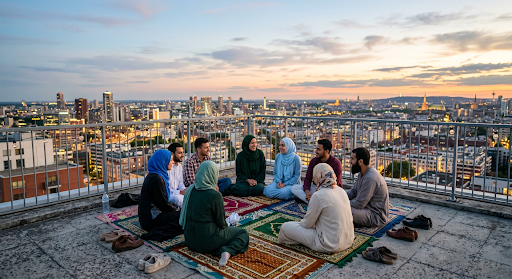 Friends sitting on rooftop after prayer at dusk.