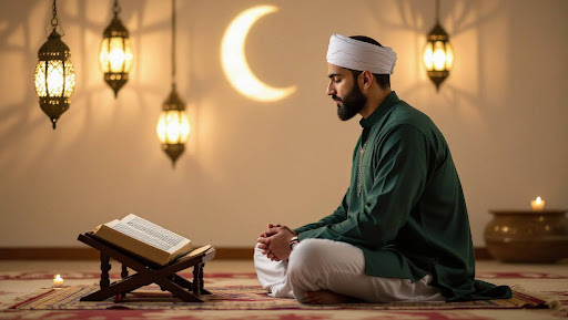 Man in dark green kurta praying indoors with lantern lights and Quran stand