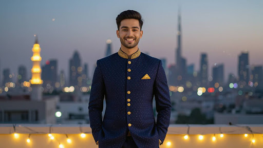 Young man in navy sherwani posing confidently on rooftop at night.