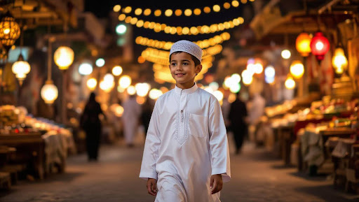 Boy in white thobe walking through Ramadan night bazaar with lanterns.