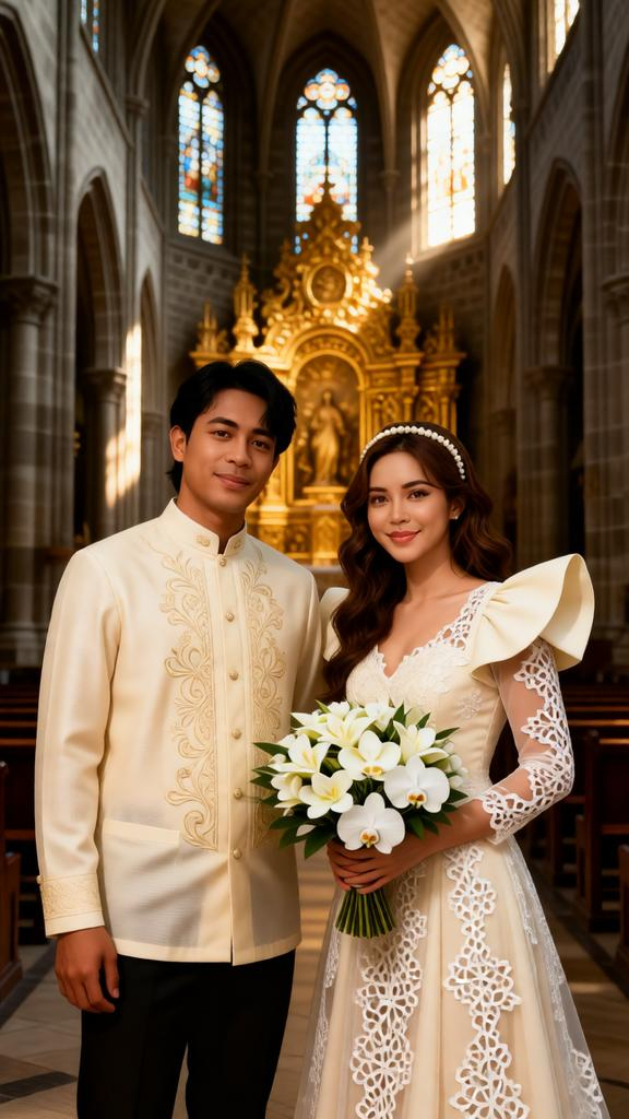 Filipino wedding portrait in a stone cathedral with sunlight.