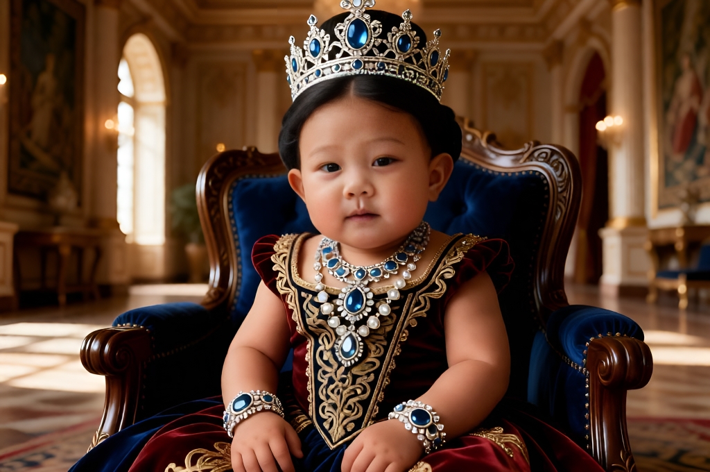 Baby dressed as queen wearing crown jewelry sitting in palace interior with elegant decor warm lighting.