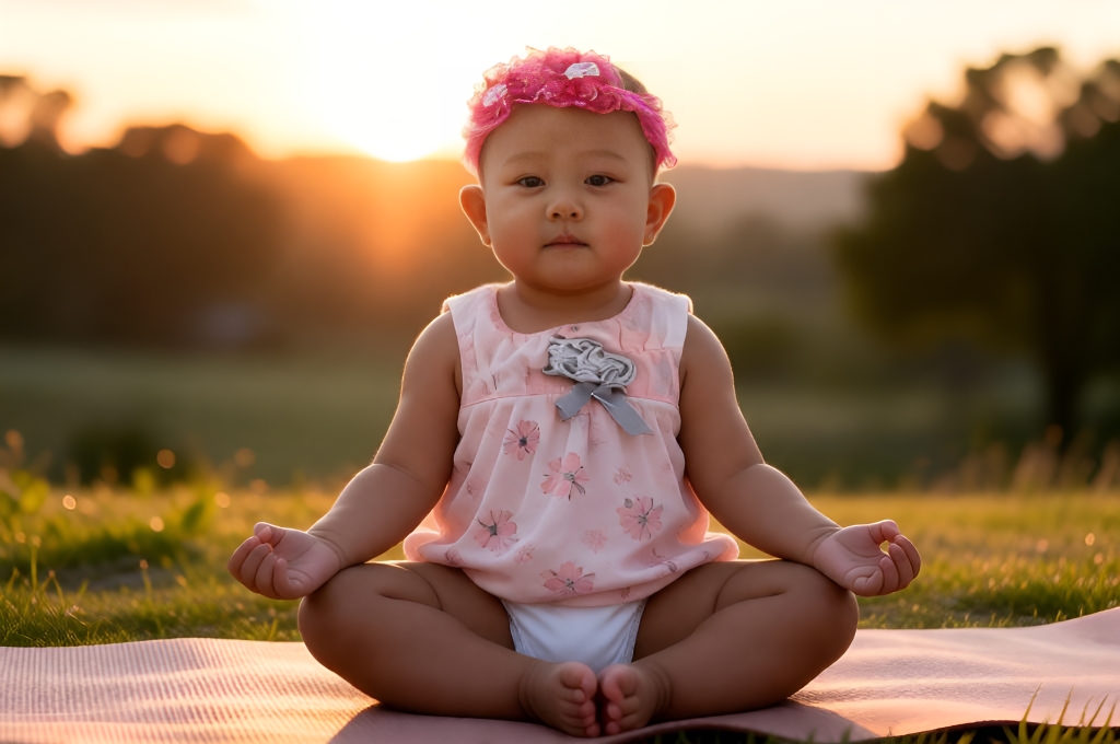 Baby sitting in meditation pose on mat in peaceful outdoor setting with sunrise calm natural scene.