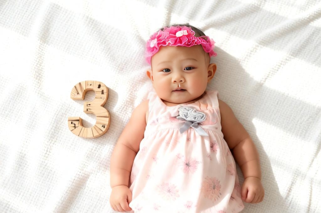 baby laying on bed for phoroshoot with numeric number 3.