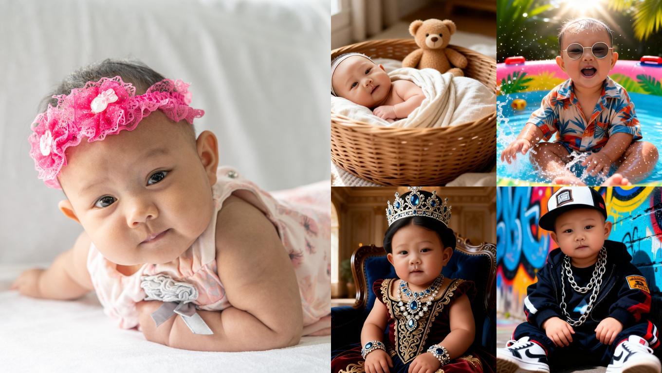 Baby banner with cute baby on left and collage of lifestyle baby photos on right showing bath play royal costume and street style scenes.