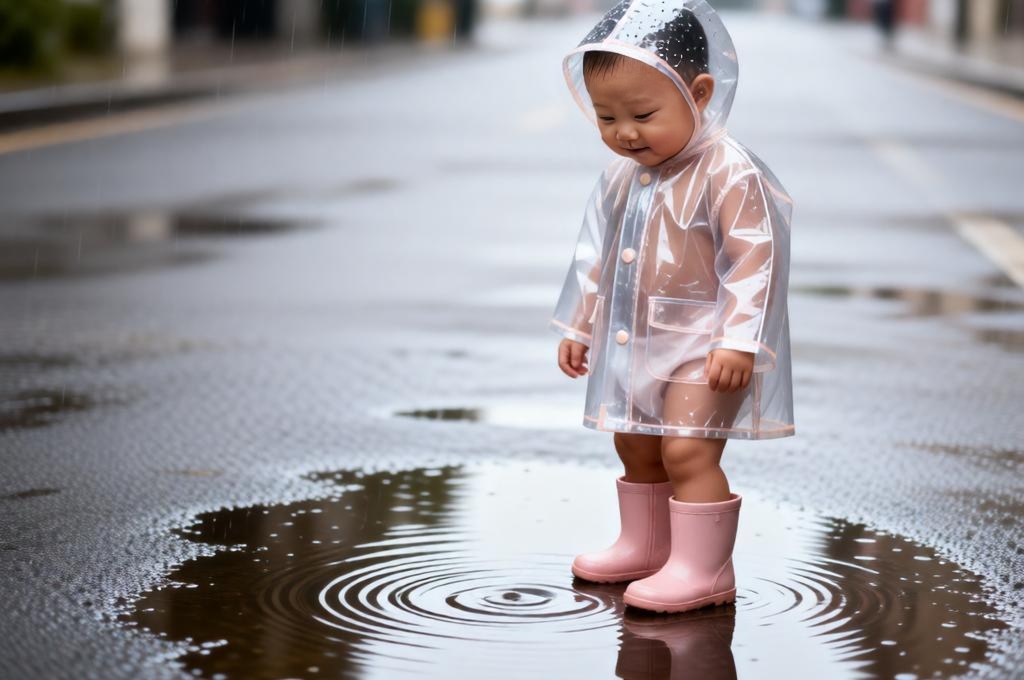 Baby wearing raincoat standing near puddle with reflections soft rain calm rainy day scene.