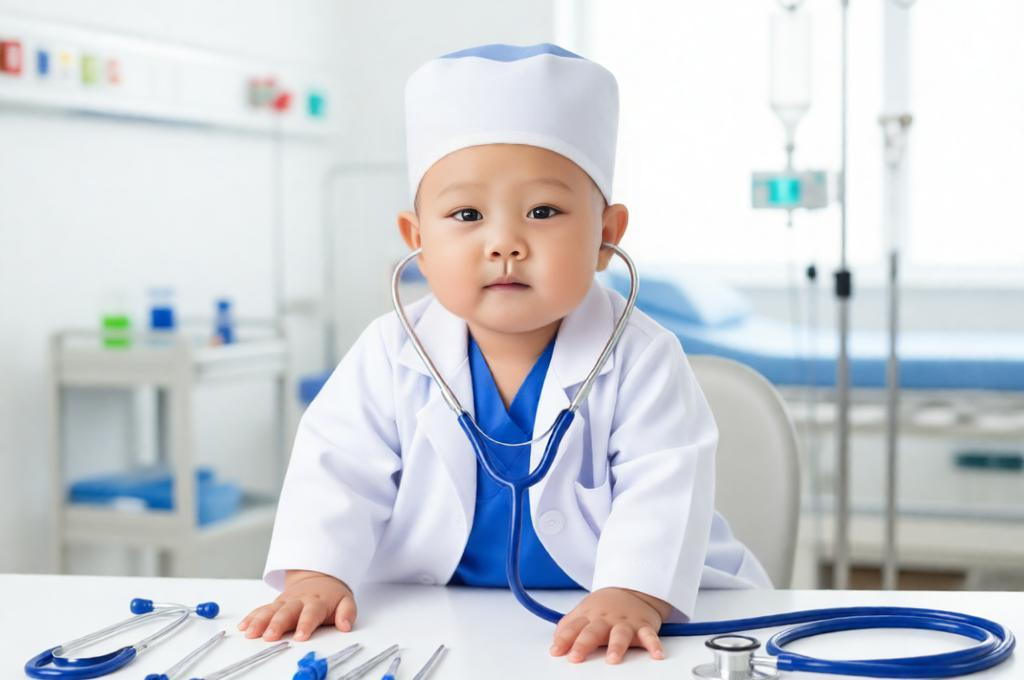 Baby dressed as doctor sitting in clinic setup with medical tools clean background bright soft lighting scene.
