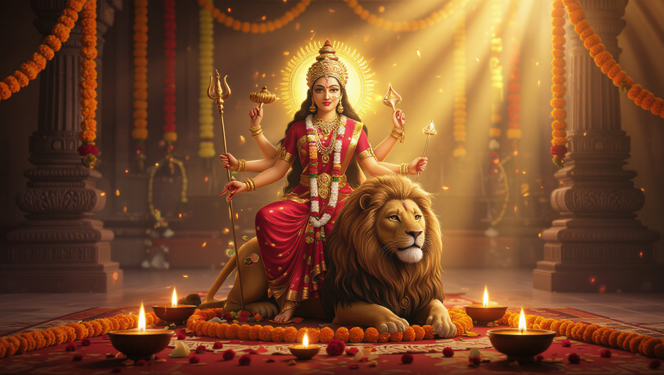 Navratri banner featuring Goddess Durga with diyas and festive decorations.