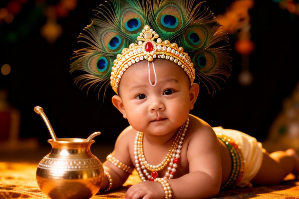 Baby dressed as Krishna with crown butter pot traditional jewelry festive lighting cultural Indian scene.