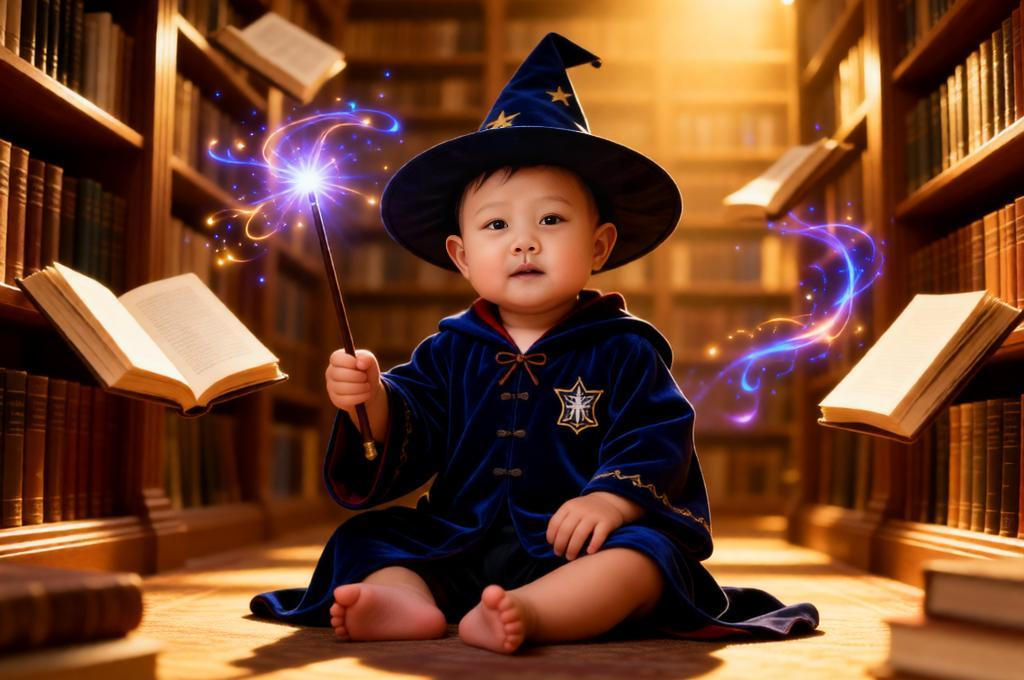 Baby dressed as wizard sitting in magical library with floating books and glowing effects warm lighting detailed scene.