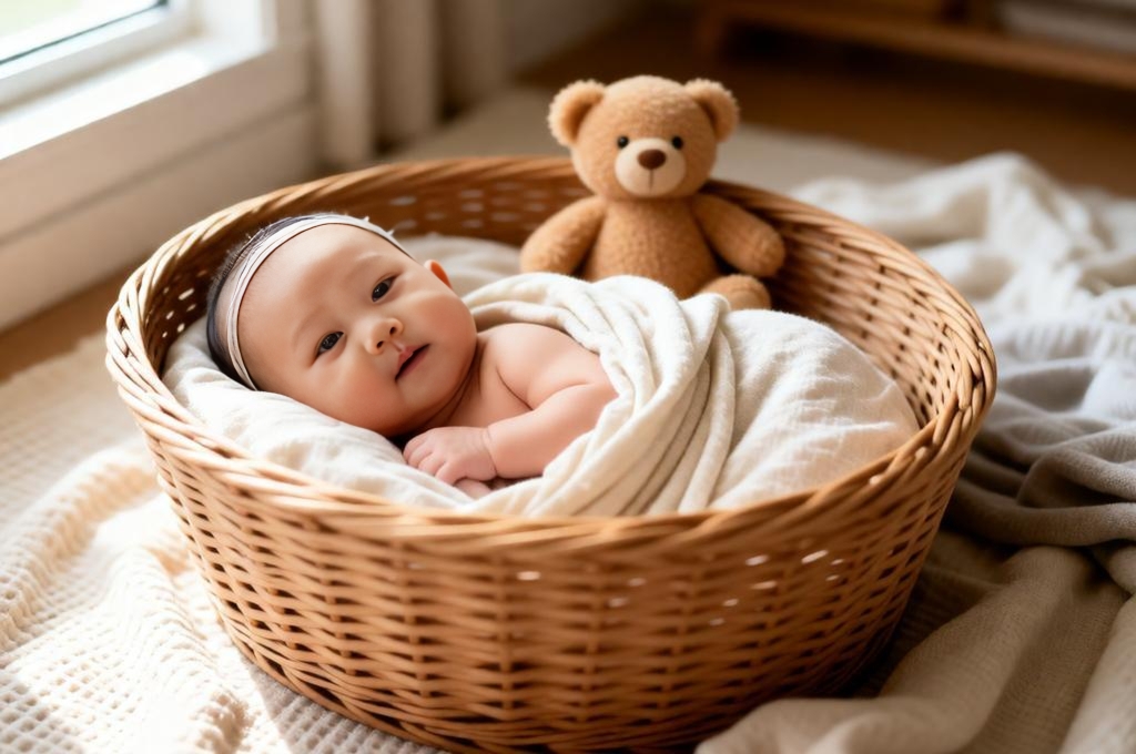 Baby curled inside basket wrapped in blanket with soft toys cozy home photoshoot scene.