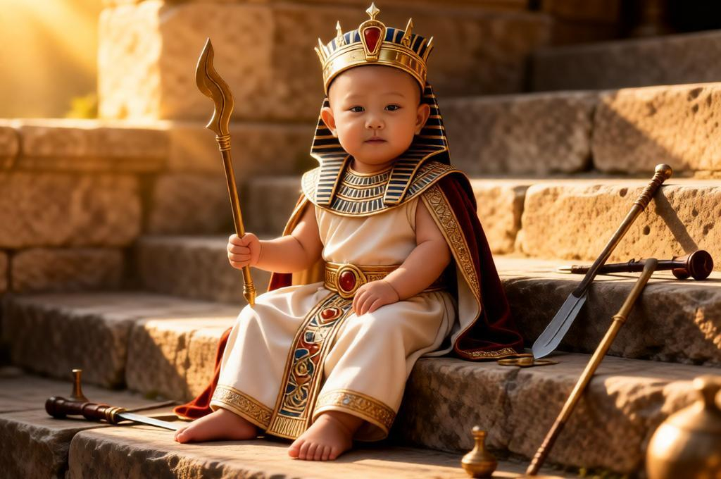 Baby styled as ancient king sitting on stone steps with historic props warm sunlight vintage royal scene.