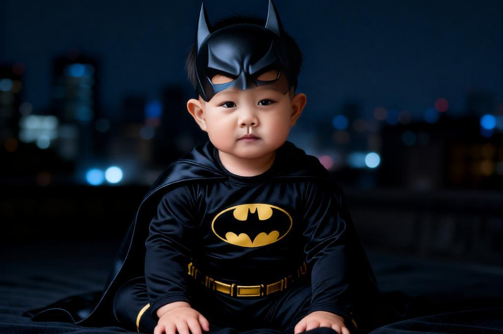 Baby dressed as Batman sitting in dark setting with cape mask moody cinematic scene.