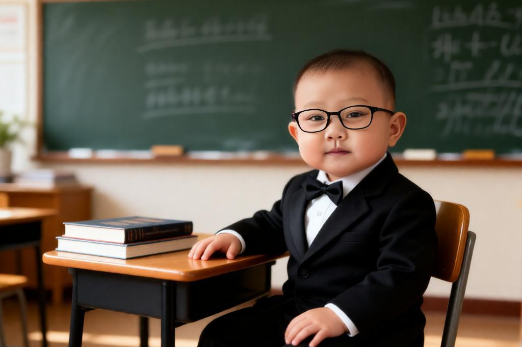 Baby sitting in classroom with chalkboard books desk wearing formal outfit and glasses soft light indoor scene.