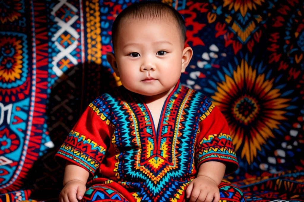 Baby sitting with patterned fabric wearing tribal outfit bold colors African cultural portrait scene.
