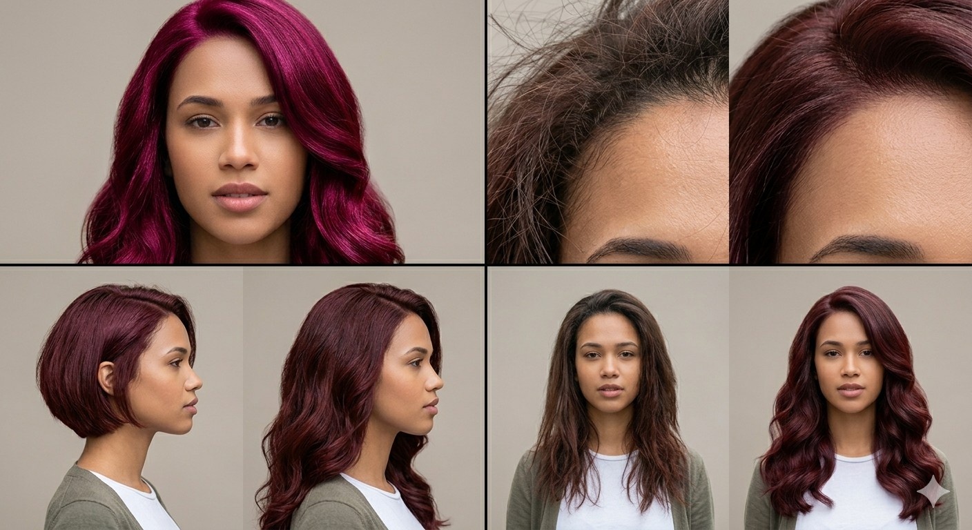 4-way grid showing hair color change, frizz removal close-up, a short bob cut, and a volume boost on the same model.