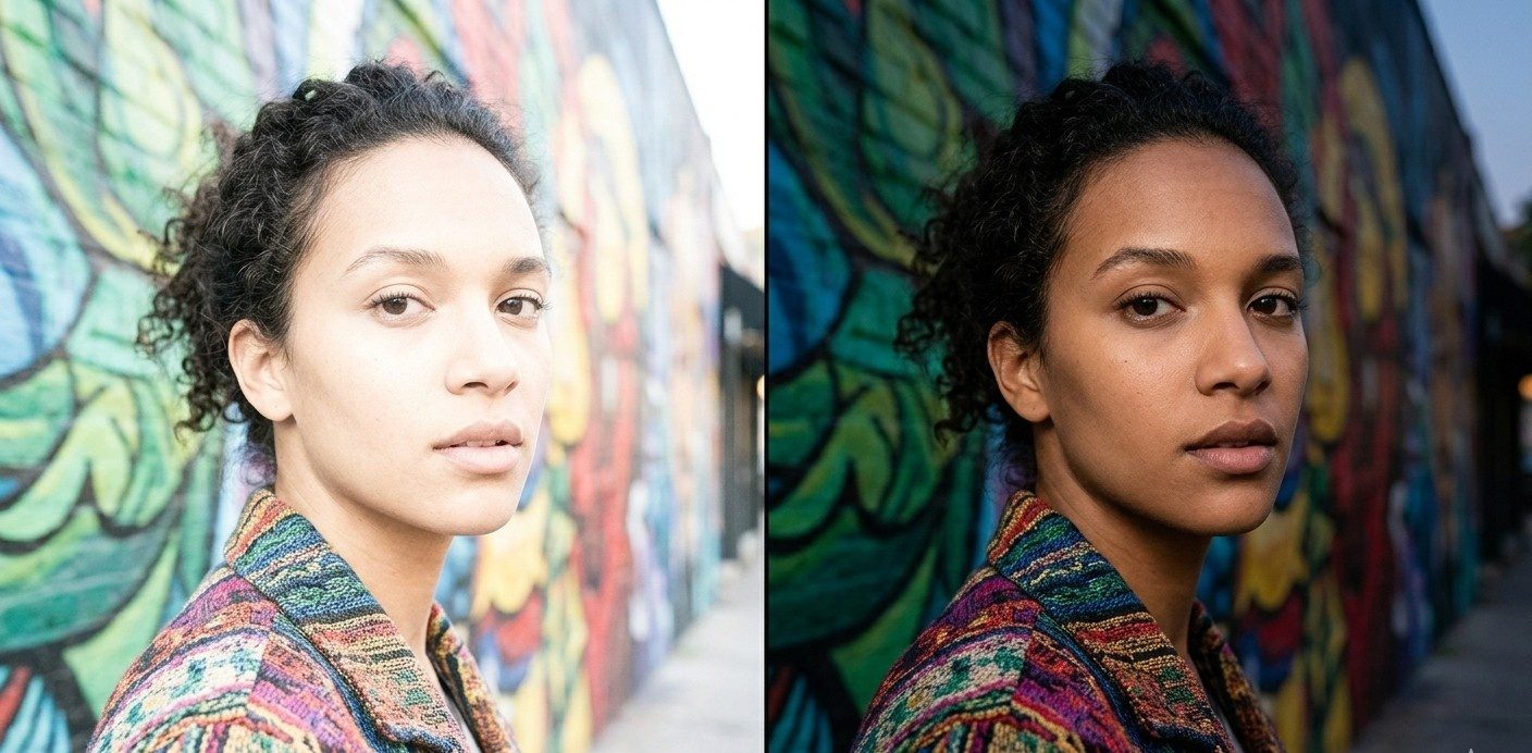 AI-corrected split: Left is a faded colorful mural and subject; right is a vibrant, balanced image with restored colors and skin texture.