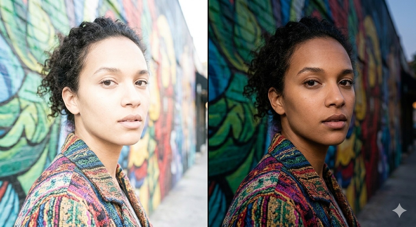 AI-corrected split: Left is a faded colorful mural and subject; right is a vibrant, balanced image with restored colors and skin texture.