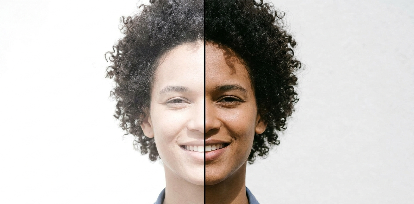 Split-screen portrait: Left is washed out and overexposed; right is corrected with natural skin tones and clear facial details.