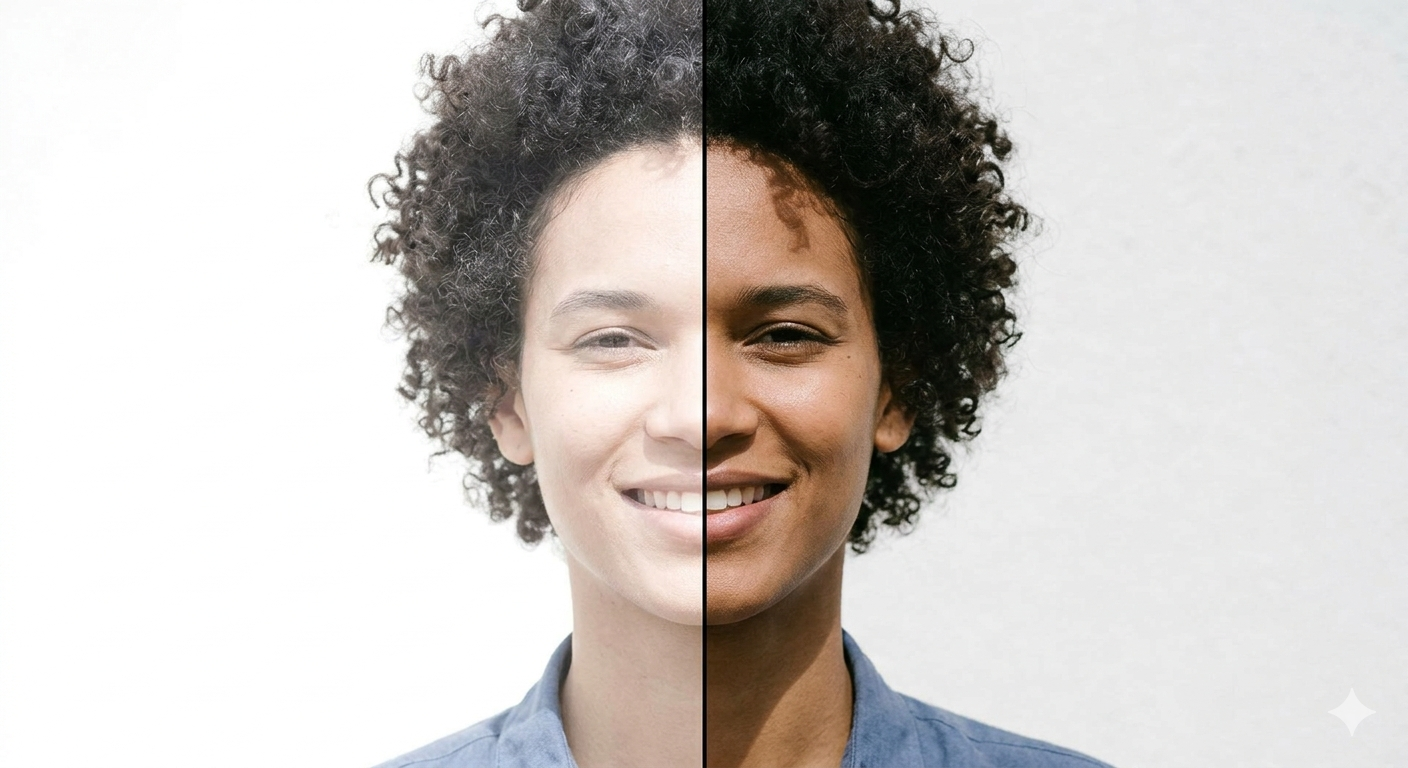 Split-screen portrait: Left is washed out and overexposed; right is corrected with natural skin tones and clear facial details.