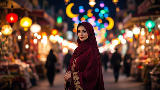 Woman in maroon abaya walking through Ramadan night market.