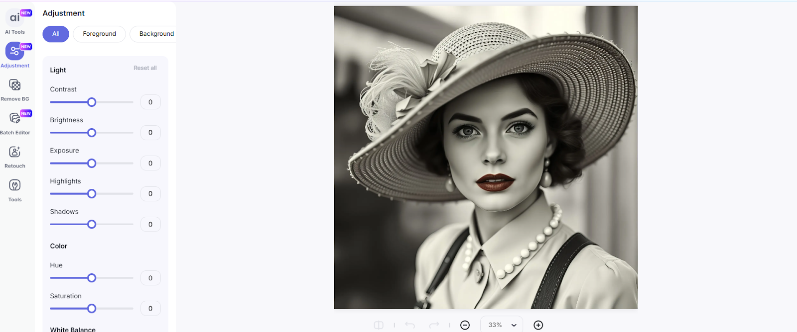 LightX web UI showing the adjustment feature