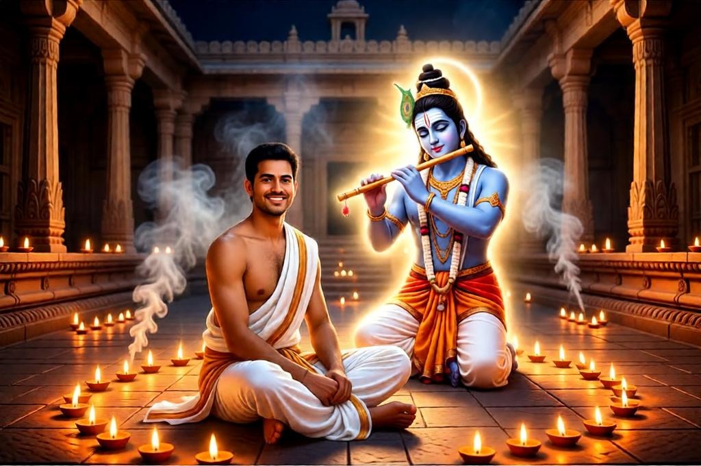 person sitting in temple courtyard at night with lamps and smoke Krishna in front holding flute peaceful interaction both visible.