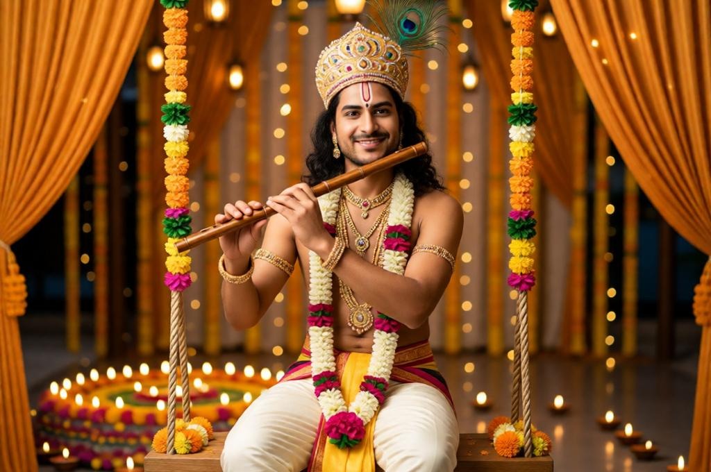  person sitting on swing holding flute in Krishna outfit with crown peacock feather dhoti festive background face unchanged identity preserved.