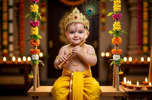 baby dressed as Krishna wearing yellow dhoti crown peacock feather holding flute sitting on swing with flowers and diya lights temple setup face unchanged.