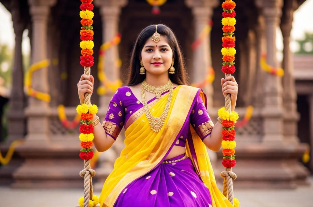 girl dressed as Radha wearing lehenga dupatta jewelry sitting on swing with flowers temple background holding ropes looking at camera face unchanged.