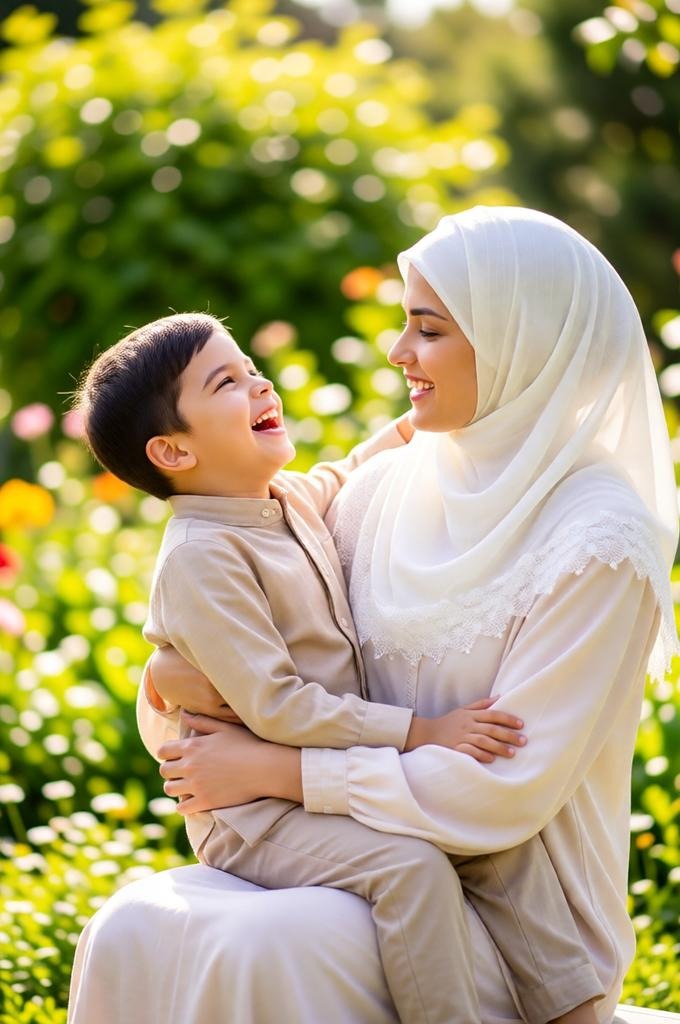 a son sitting in the lap of a mother, and both laugh in an outdoor setting. 