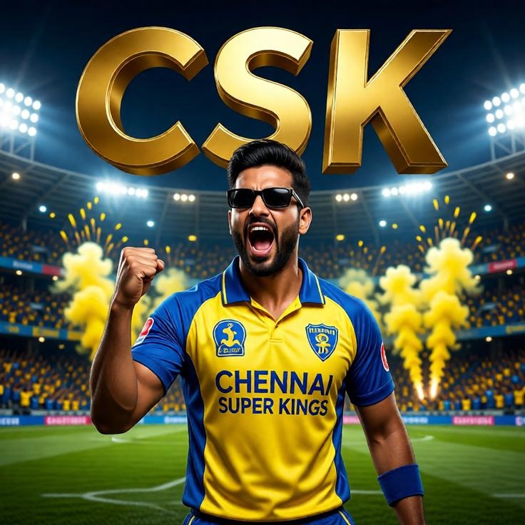 A young man in a Chennai Super Kings jersey celebrates on a lit stadium pitch with gold CSK text above.