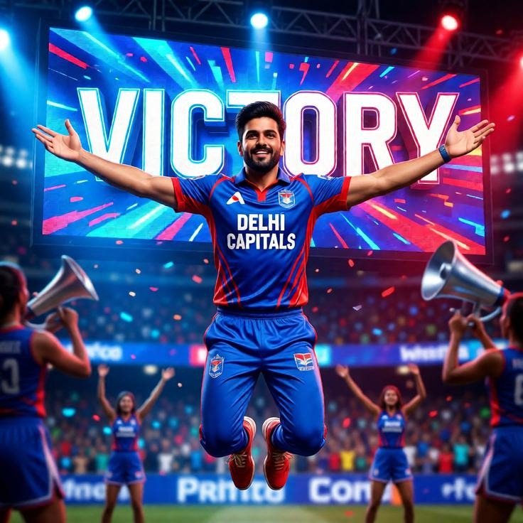 Delhi Capitals fan jumping as the victory screen glows.