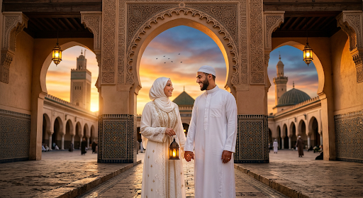 Couple in white traditional outfits under mosque arches at sunset.