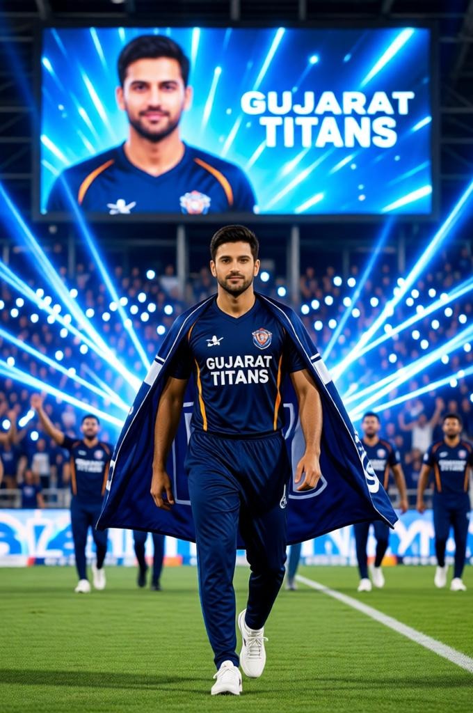 A Gujarat Titans fan walks with a team flag on his shoulders in a glowing stadium scene.