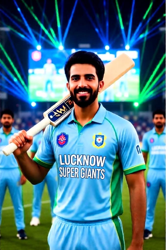 A Lucknow Super Giants fan holds a bat on his shoulder in a night stadium with blue-green lights.