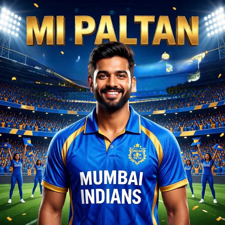 A Mumbai Indians fan stands in a packed stadium with an MI Paltan banner behind him.