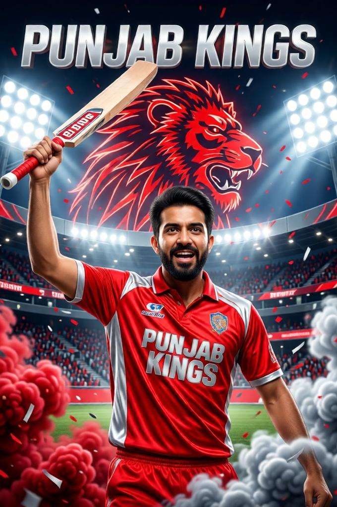 A Punjab Kings fan raises his bat in celebration with red smoke and lion-themed visuals.