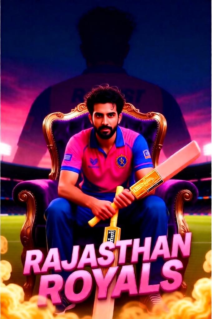 A Rajasthan Royals fan sits on a throne holding a bat in a pink-lit stadium poster scene.