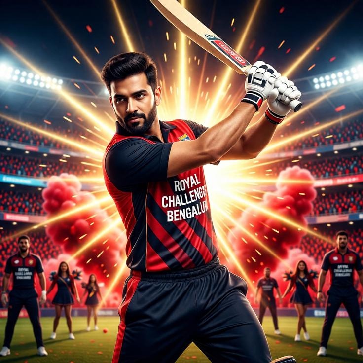 An RCB fan plays a powerful cricket shot under dramatic stadium lights and red smoke.