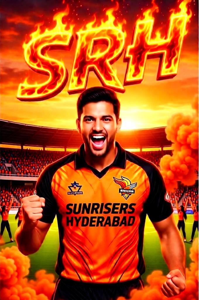 A Sunrisers Hyderabad fan roars in celebration with a fiery SRH logo above a sunset stadium.