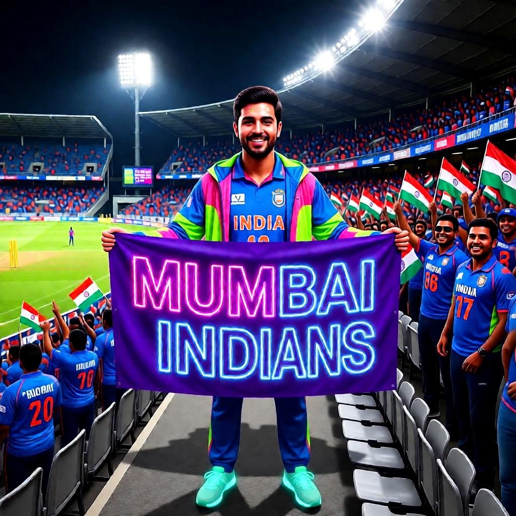 A fan in a colorful outfit holds a Mumbai Indians banner in a crowded night stadium.