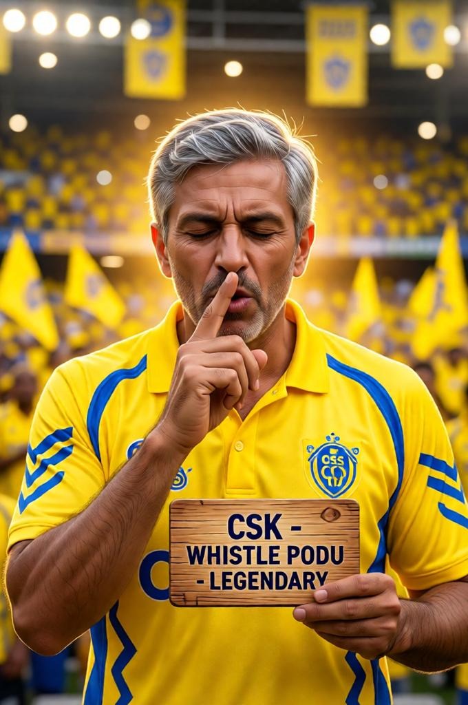 An older CSK fan whistles passionately in a yellow-filled Chepauk stadium crowd.