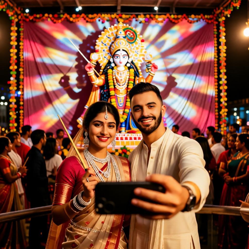 Indian couple selfie during Garba night with Durga idol in pandal.