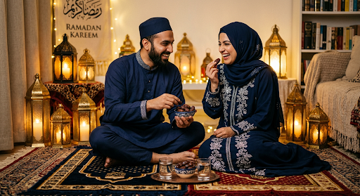 Husband and wife in navy outfits sharing dates during iftar indoors.