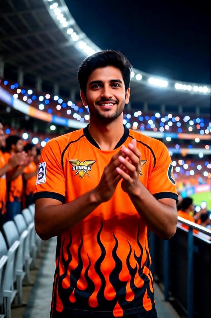A Sunrisers Hyderabad fan claps in a stadium aisle under bright lights and glowing phone screens.