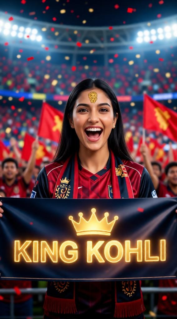A female RCB fan cheers in the front row, holding a King Kohli banner in a vibrant stadium.